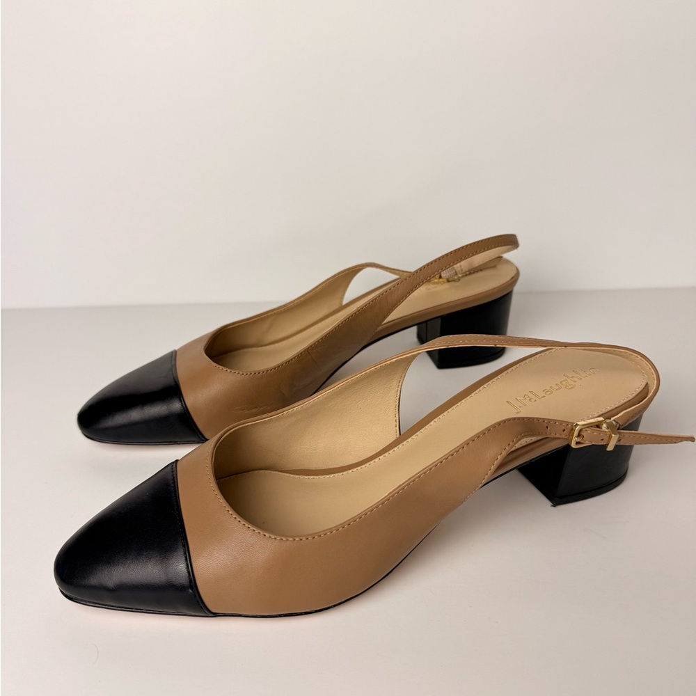 J McLaughlin Jocelyn Golden Caramel / Black Leather Slingbacks‎ Size 10